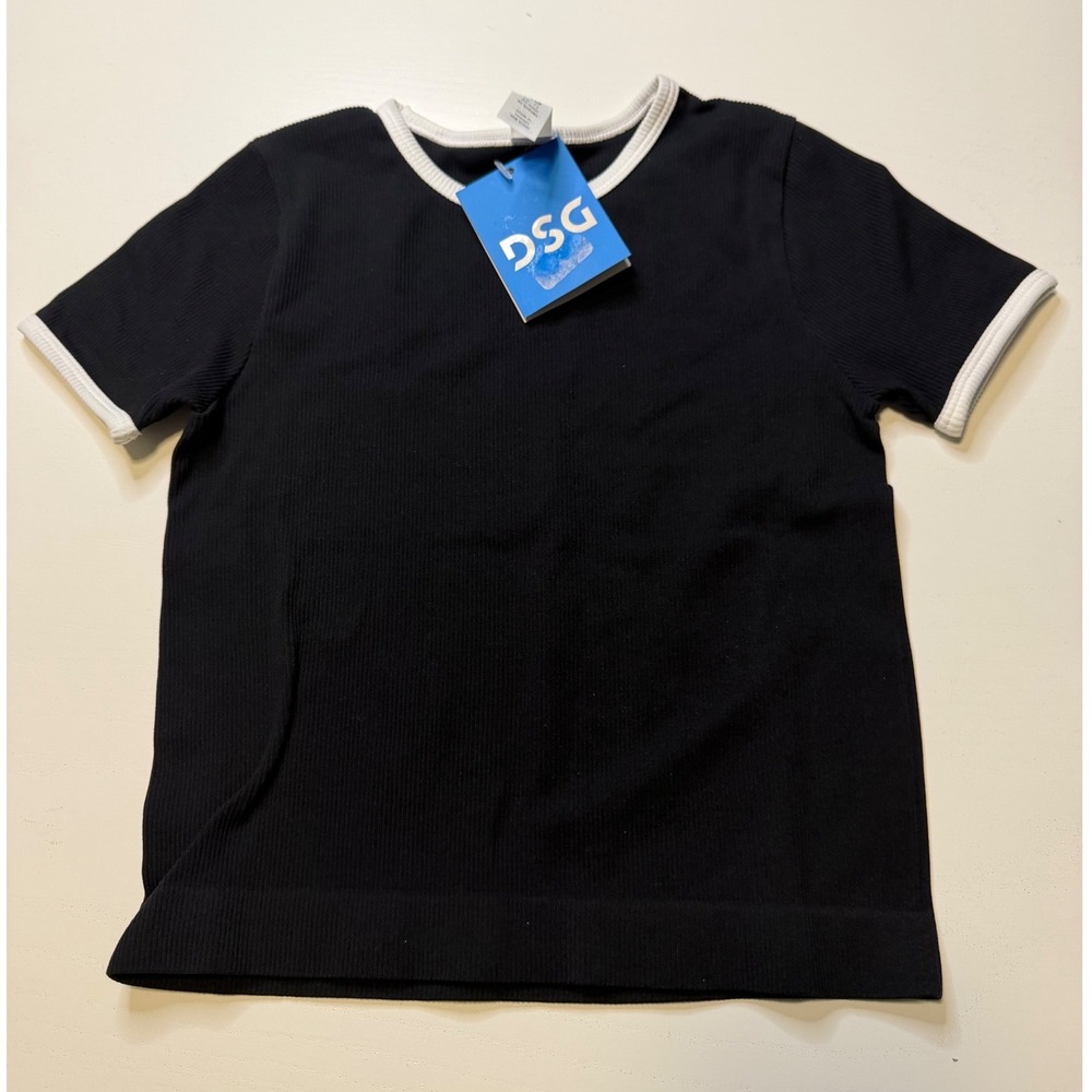 DSG Girls Ribbed Seamless Ringer T-Shirt Black White XS 6-7 Short Sleeve Top